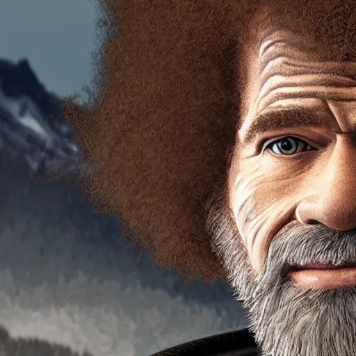 Image similar to a closeup photorealistic photograph of bob ross working on a canvas painting of spiderman. film still. brightly lit scene. mountains and trees. this 4 k hd image is trending on artstation, featured on behance, well - rendered, extra crisp, features intricate detail, epic composition and the style of unreal engine.