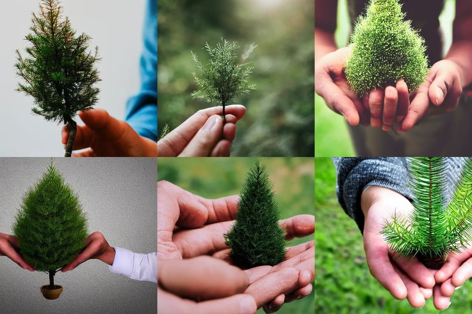 Prompt: human hand holding a very tiny full grown tree