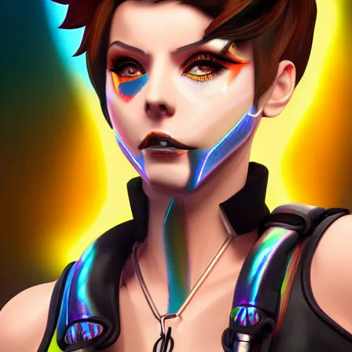 Image similar to portrait bust digital artwork of tracer overwatch, wearing black iridescent rainbow latex tank top, 4 k, expressive happy smug expression, makeup, in style of mark arian, angel wings, wearing detailed black leather collar, chains, black leather harness, detailed face and eyes,