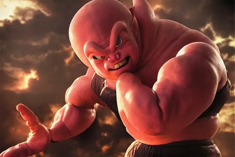 Image similar to “Andy Serkis as Majin Buu from Dragonball Z. Film Adaptation. Photorealistic. Dramatic lighting.”