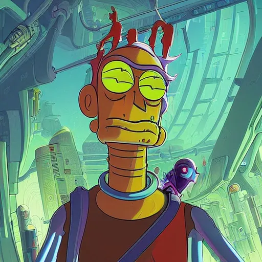 Image similar to akah 0 c 0 k futurama cyberpunk medium shot by gaston bussierre and charles vess and james jean and erik jones and rhads, inspired by rick and morty, epic, funny, huge scale, beautiful fine face features, intricate high details, sharp, ultradetailed