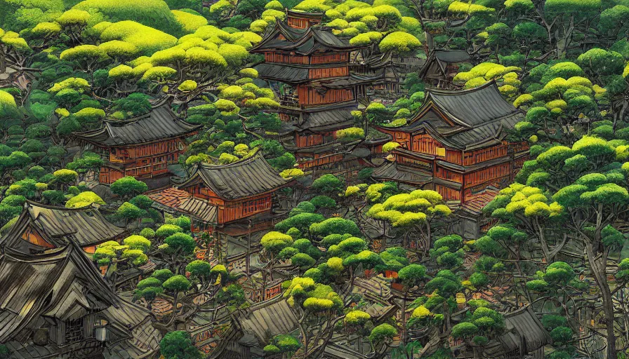 Prompt: japanese village in green mountains by shigeru mizuki, hyperdetailed, artstation, cgsociety, 8 k