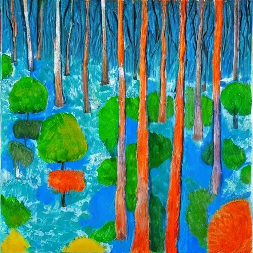 Prompt: a blue and orange forest, four seasons