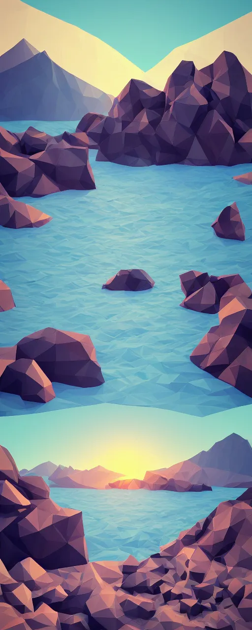 Image similar to super detailed color lowpoly art, northern sunset with rocks on front, monochrome photorealistic bay in the middle of perspective and mountains at background, graphic vessels in random points ow bay, unreal engine, retrowave color palette, 3 d render, lowpoly, colorful, digital art, perspective