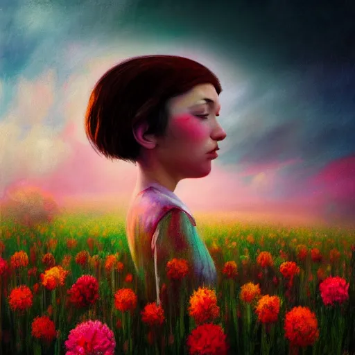 Image similar to girl with a singular flower for a head, surreal photography, dream, standing in flower field, magical, in a valley, sunrise dramatic light, impressionist painting, colorful clouds, artstation, simon stalenhag, flower face