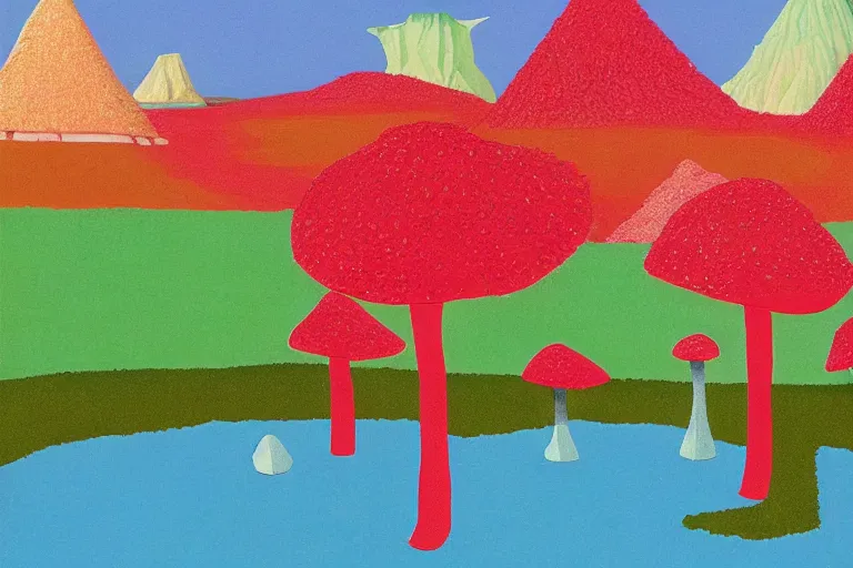 Image similar to a crystal and mushroom ridden world, extinct species, epic land formations, detailed, wide shot, created by david hockney. - h 4 0 0