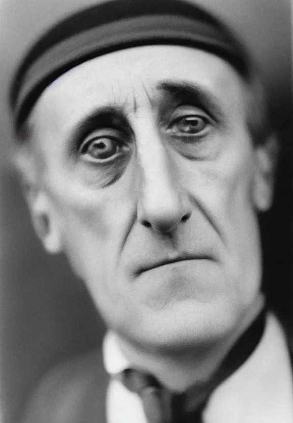 Image similar to a close - up casual photo of marcel duchamp with pensive eyes, 1 9 2 0 s monochrome snapshot, graflex 4 x 5, f 1. 8, 3 5 mm, ilford delta 3 2 0 0 pro