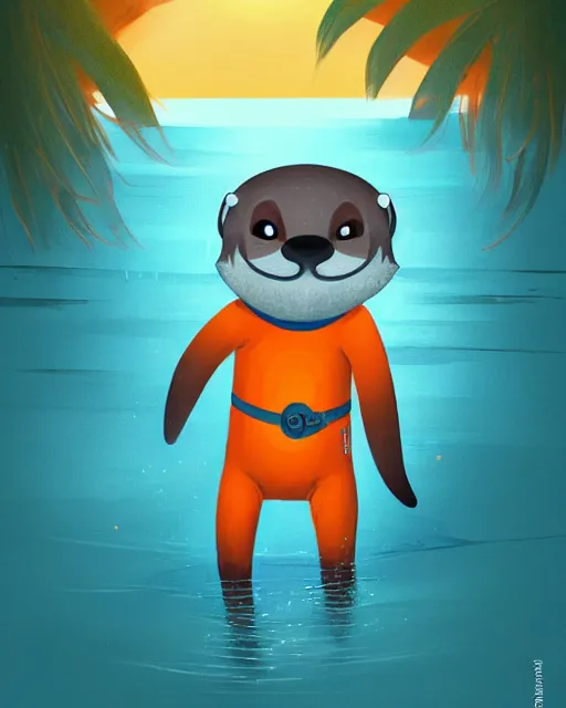 Image similar to a beautiful portrait of a cute anthropomorphic grey otter fursona furry on the beach wearing a wetsuit holding a surfboard, turquoise hair orange nose, smiling, sunset, volumetric light, detailed, by cory loftis, photorealistic, 4 k, hdr, artstation, deviantart, digital illustriation