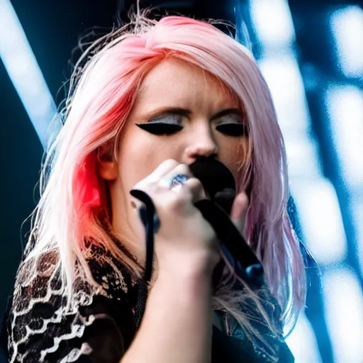 Prompt: a pretty female metal singer performing at a concert. She is blond except for a single strand of pink hair. Her hair barely reaches her shoulders. She has blue eyes. 4K, low angle shot