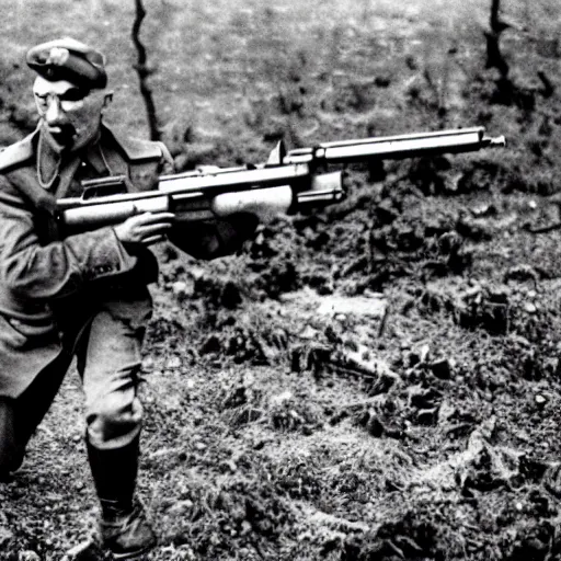 Image similar to iron man shooting machine guns against nazi germany on the bloody muddy battlefield of world war