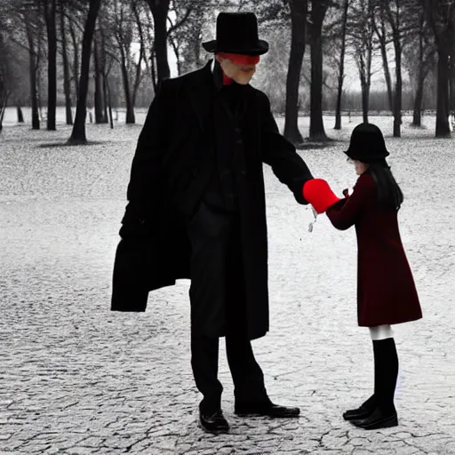 Image similar to A thin man in a black coat and bowler hat talks with small young girl dressed in a red coat and a red hat, park, autumn, Berlin, in style of valentine serov, wide angle, high detail, width 768