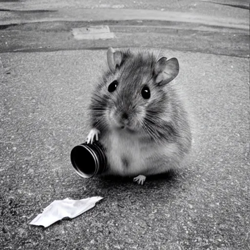 Image similar to “ hamster dressed as a homeless person sitting at an intersection with arms stretched out holding a tin can ”