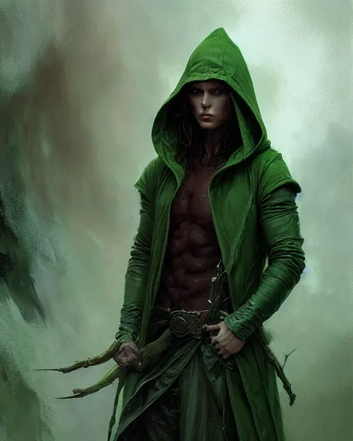 Image similar to portrait Green hooded jacket coat Beefy muscular fit Hunter elf, long-haired By greg rutkowski, tom bagshaw, beksinski