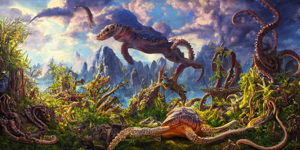 Image similar to fantasy oil painting, great leviathan, cybernetic turtle cephalopod terrapin reptilian pachyderm squid, bella hadid, hybrid, milla jovovich, anubis, epic natural light, lush plants flowers, spectacular mountains, bright clouds, luminous sky, outer worlds, golden hour, michael cheval, edward hopper, michael whelan, vray, hd