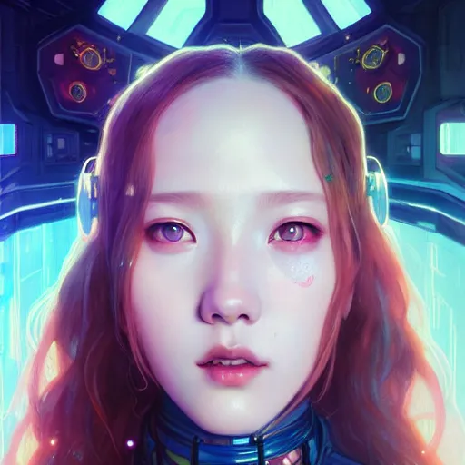 Prompt: portrait painting of cyberpunk chuu loona kpop smiling cheerfully, ultra realistic, concept art, intricate details, eerie, highly detailed, photorealistic, octane render, 8 k, unreal engine. art by artgerm and greg rutkowski and magali villeneuve and alphonse mucha