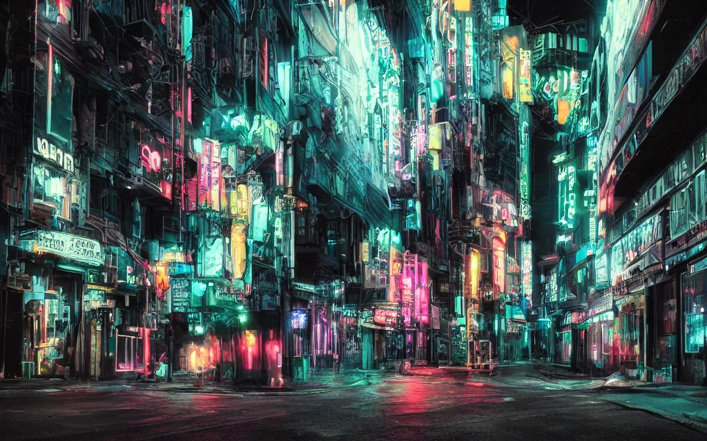 Prompt: a beautiful photo of a gloomy cyberpunk street at night, professional photography, by liam wong and alvar aalto, neon color scheme