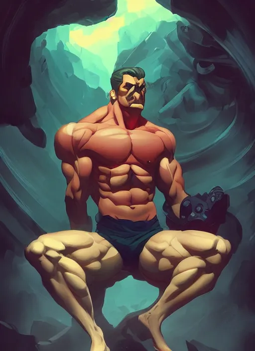 Prompt: Muscular Friedrich Nietzsche with a chiseled Jawline and serious Look, in the Style of Artgerm and Charlie Bowater and Atey Ghailan and Mike Mignola, vibrant colors and hard shadows and strong rim light, Comic Cover Art, plain background, trending on artstation