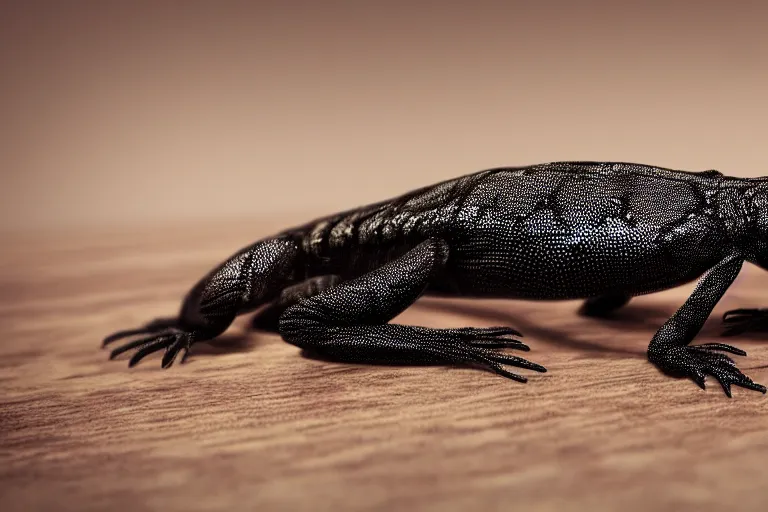 Image similar to octane render of a black lizard with 6 legs, sitting on wood, ambient lighting, intricate light, detailed, hyper realistic