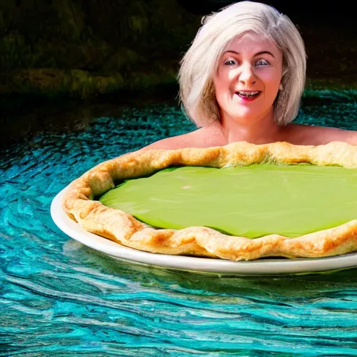 Image similar to photo of a beautiful woman swimming in a giant pie floater, which is a giant pie floating in mushy peas and gravy