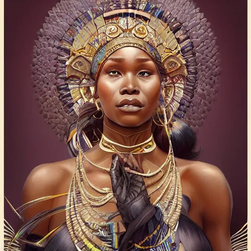 Image similar to three!! beautiful Zulu goddesses, intricate, elegant, highly detailed, digital painting, artstation, concept art, smooth, sharp, focus, illustration, art by artgerm and greg rutkowski and alphonse mucha