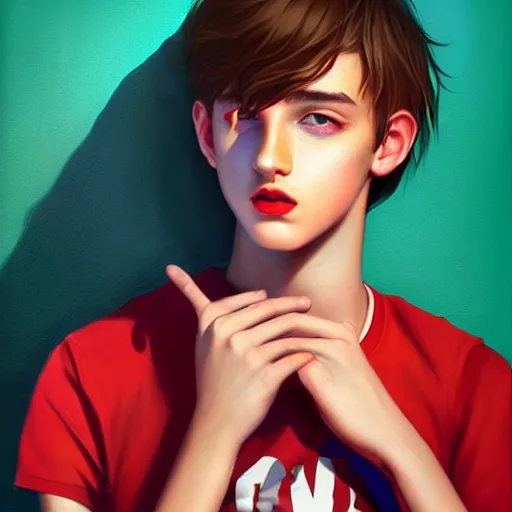 Image similar to colorful and festive captivating teenager with straight brown hair covering his eye, dark skin, big lips, wearing a red t - shirt. rich vivid colors, ambient lighting, dynamic lighting, 4 k, atmospheric lighting, painted, intricate, highly detailed by charlie bowater