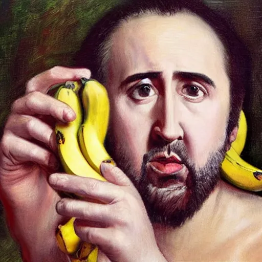 Image similar to highly detailed oil painting of nicolas cage in a banana, 4 k, in the style of caravaggio, monet, botticelli and dali