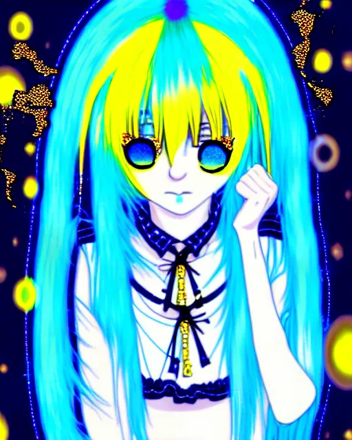 Image similar to a hologram of rimuru tempest, sky blue hair, golden yellow eyes, wearing black stylish clothing, holography, irridescent, baroque rococo visual kei decora art