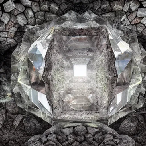 Image similar to a huge crystal with an human inside, placed in a mystic ruin