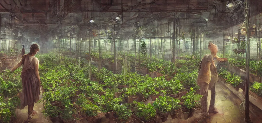 Prompt: gloomy Biopunk, organic oil painting of solarpunk woman cultivating hydroponic plants, wide shot, indoors