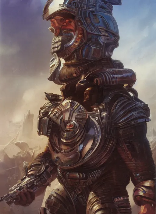 Prompt: portrait of a handsome brute warrior in a futuristic warzone. art by denys tsiperko and dan dos santos and boris vallejo. detailed, hyperrealism, macho, 8 k resolution