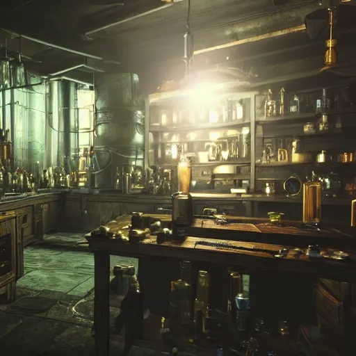 Image similar to cyberpunk alchemy laboratory full of potions, criri from the witcher. stunning 3 d render, flesh texture, realistic, highly detailed attributes and atmosphere, dim volumetric cinematic lighting, 8 k octane detailed render, post - processing, masterpiece, rtx on, rendering on unreal engine