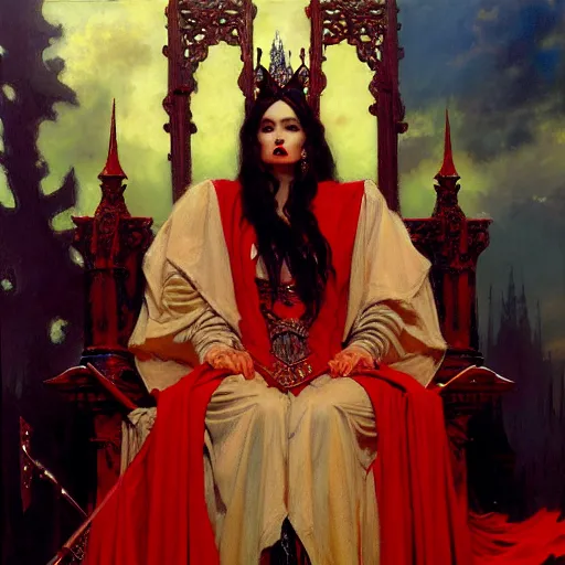 Image similar to full body portrait of red skinned, masked queen in black gothic robes sitting on a throne of swords, elegant, highly detailed painting by gaston bussiere, craig mullins, j. c. leyendecker, 8 k, mid shot