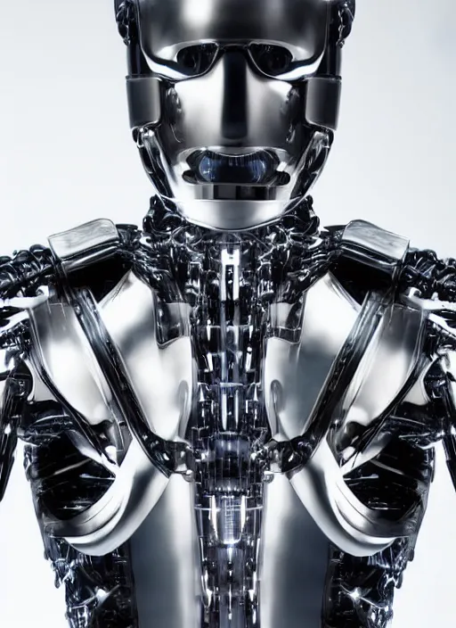 Prompt: Close upper body shot. Artistically angled subject. Professional studio portrait lighting. Technological fashion photography. Mechanical cybernetic suit designed by Ikeuchi Hiroto. Wearable design. Hydraulics. Reflective domes. Intricate tech. Formfitting. Bulky wearables. Receiver Antennae.