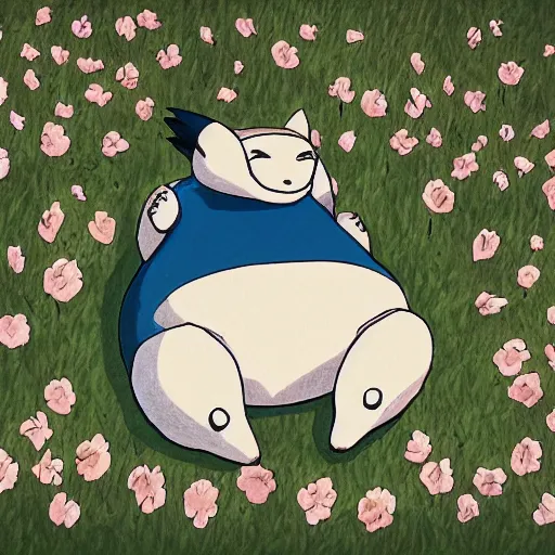 Prompt: Snorlax sleeping on a field of grass drawn by Ross Tran surrounded by Cherry blossoms, Anime, Post processing, wholesome. ken sugimori, 1990s concept art, ken sugimori