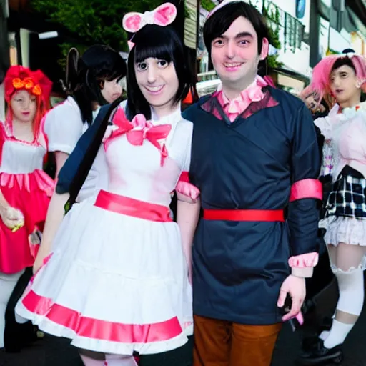 Image similar to martin shkreli in kawaii maid dress at harajuku tokyo street fashion event, a professional high quality photo from vogue magazine