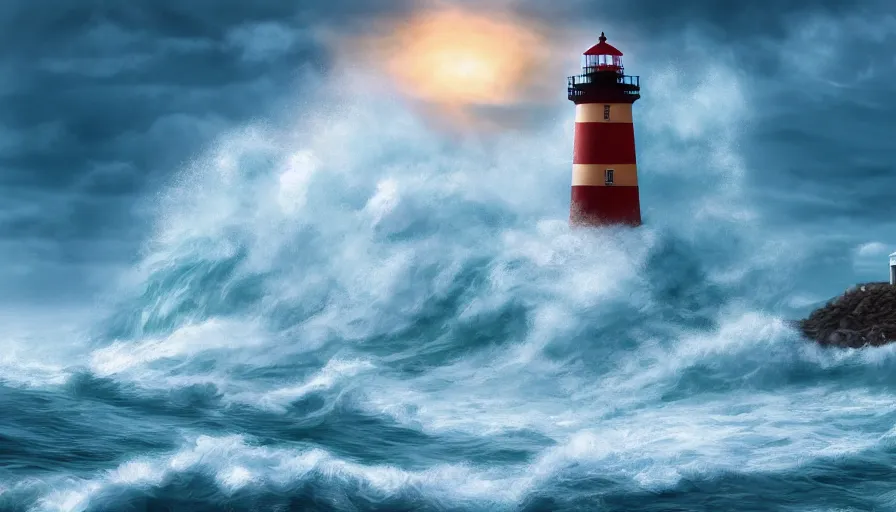 Prompt: a lighthouse being struck by a huge wave out at sea, digital art, highly detailed, realistic, bright colors, 8 k