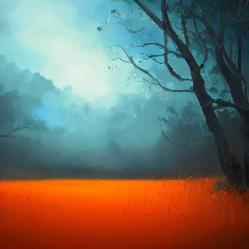 Prompt: a beautiful landscape painting, trending on artstation. the color scheme is blue and orange. digital art