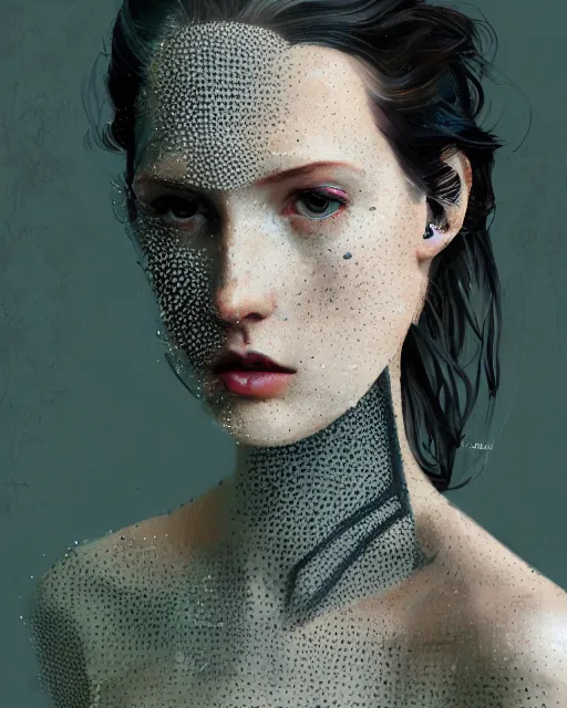 Prompt: olivia wearing an outfit made from filmrolls, half body portrait, 3 d animation, black hair, freckles, pale skin, photo by greg rutkowski, risque fashion, female beauty, intricate detail, elegance, sharp shapes, soft lighting, vibrant colors, masterpiece