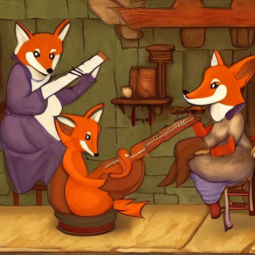 Prompt: An anthropomorphic fox playing the lute in a tavern full of anthropomorphic animals, by Ken Anderson and Don Bluth