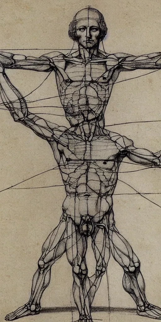 Prompt: full body anatomy sketch by Leonardo da Vinci, the vitruvian man style, highly detailed, asymmetrical