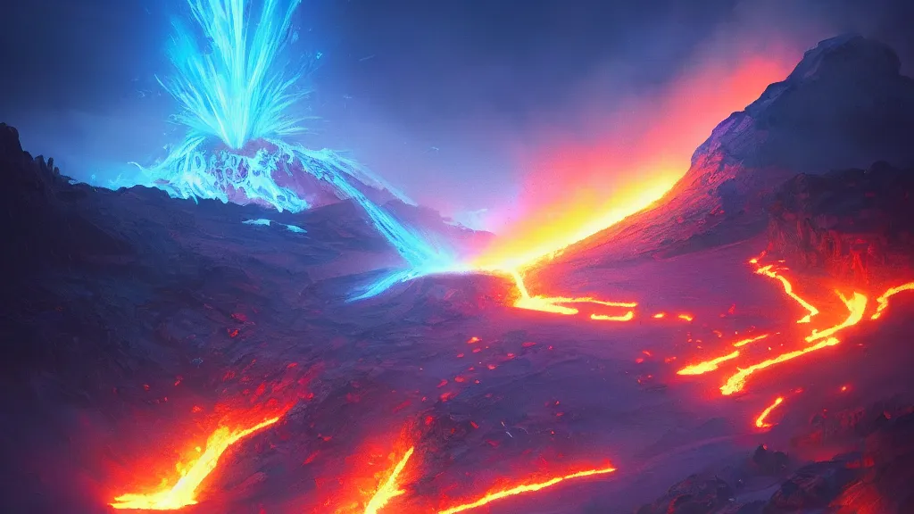 Image similar to volcano erupting blue flames, glowing! blue plumes, by greg rutkowski, sylvain sarrailh, rossdraws, ambient light, ultra detailed, fantasy artwork, 8 k, volumetric lighting, trending on artstation, award winning, beautiful scenery, very very very very very very very beautiful.