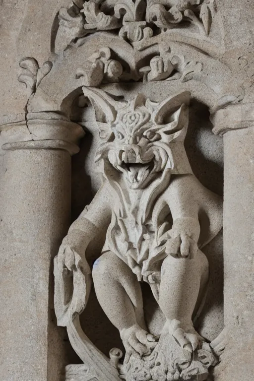 Image similar to ortographic view of a stone sculpture of a gargoyle sitting on a pedestal with intricate carvings and fine detail