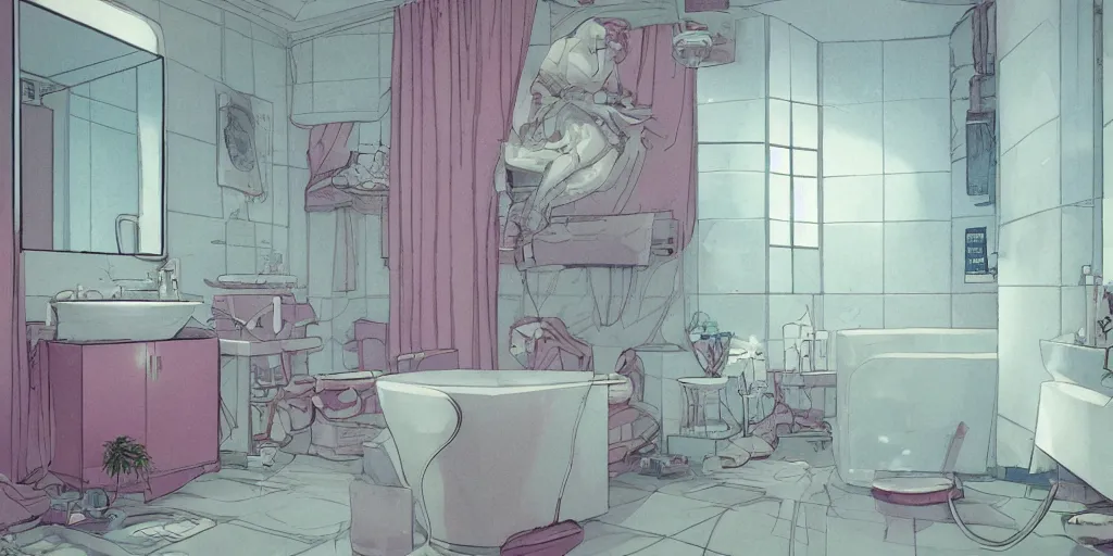 Prompt: bathroom interior, vaporwave, lofi, detailed, loish, trends in artstation by moebius,