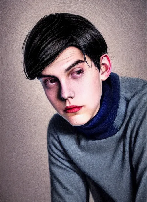 Image similar to portrait of teenage jughead jones wearing a light grey crown, crown, blue turtleneck, 1 9 5 0 s, closed eyes, photorealistic, black hair, glowing lighting, intricate, elegant, glowing lights, highly detailed, digital painting, artstation, concept art, smooth, sharp focus, illustration, art by wlop, mars ravelo and greg rutkowski