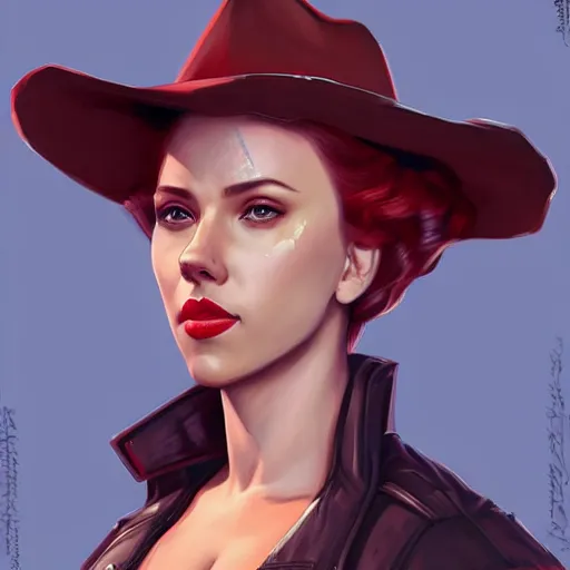 Prompt: portrait of scarlett johansson as a cowboy in wteam fortress 2 style, detailed face, dark fantasy art, fantasy, pretty, hd shot, digital portrait, beautiful, artstation, comic style, by artgerm, guy denning, jakub rozalski, magali villeneuve, neoartcore and charlie bowater