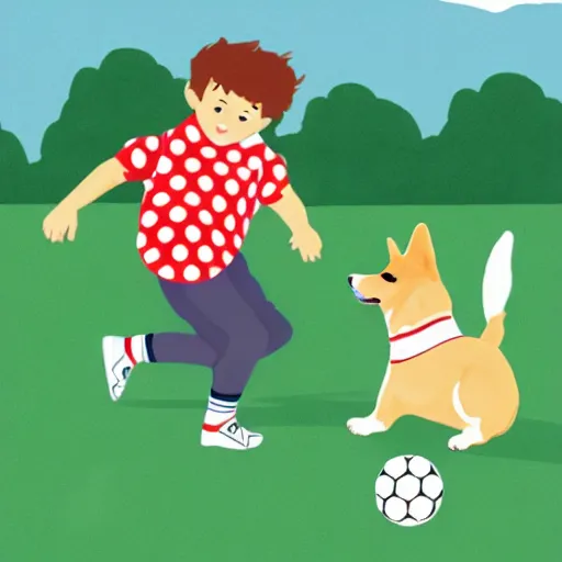 Image similar to illustration of french boy in paris playing football against a corgi, the corgi is wearing a polka dot scarf