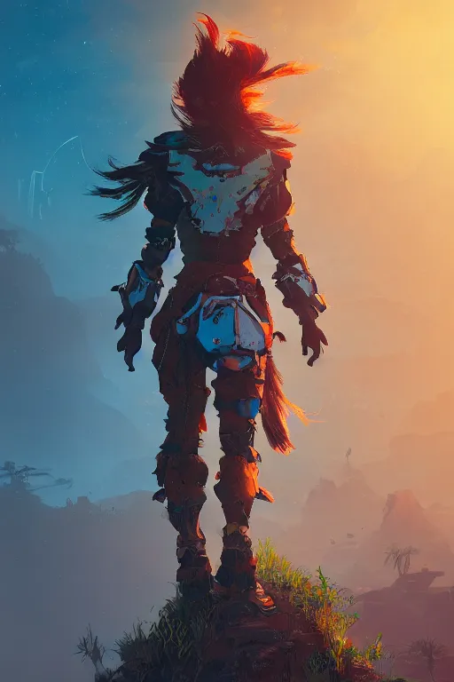 Image similar to combination suit armor aloy horizon forbidden west horizon zero dawn radiating a glowing aura global illumination ray tracing hdr fanart arstation by ian pesty and alena aenami artworks in 4 k tribal robot ninja mask helmet backpack