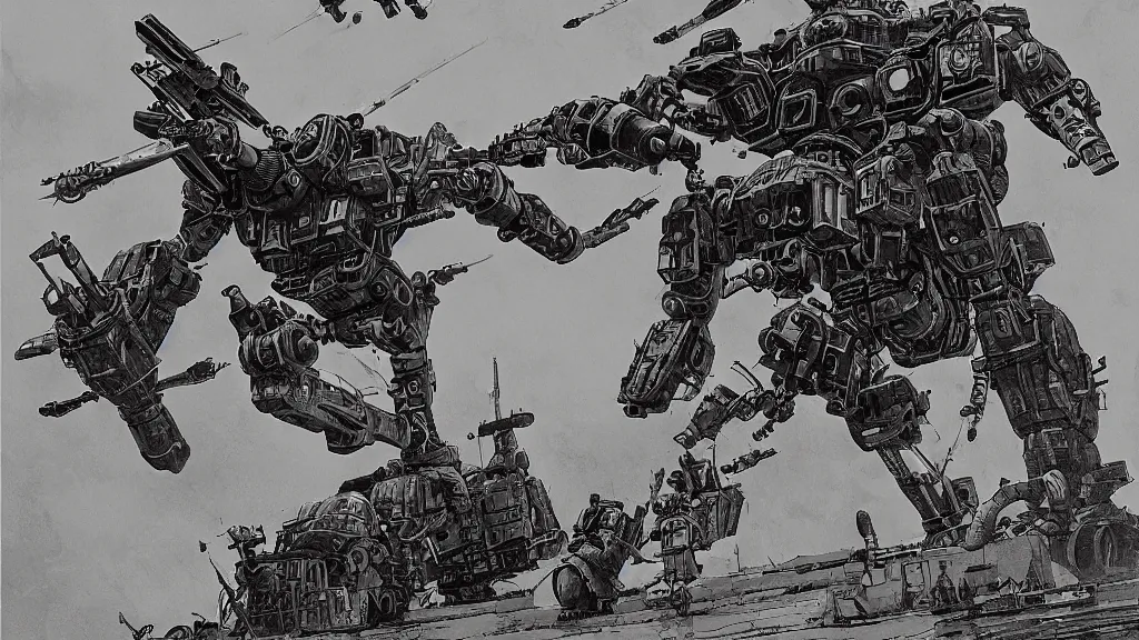 Image similar to Retro-futuristic mech launching missiles, WWII Japan, sci-fi illustrations, highly detailed, award-winning, dark, gritty, ink, defined lines