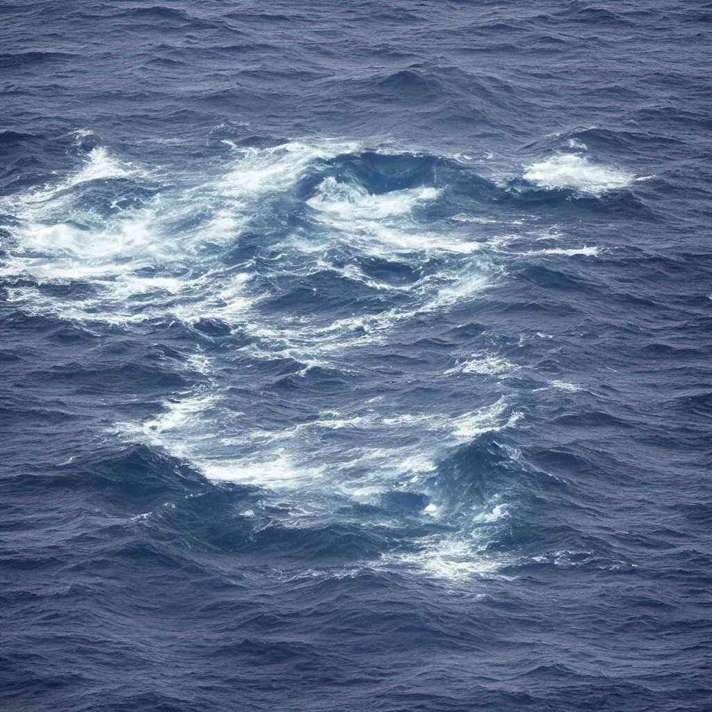 Prompt: a cube in the middle of the ocean with images of a tumultuous sea on its sides. Photography in the style of Richard Serra