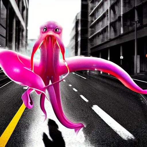 Image similar to hyper realistic, photo, humanoid pink female Squid girl, popping wheelie on motorcycle fast in the rainy city traffic